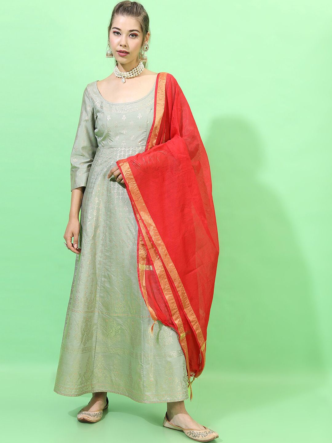 Vishudh Women Green Ethnic Maxi Dress