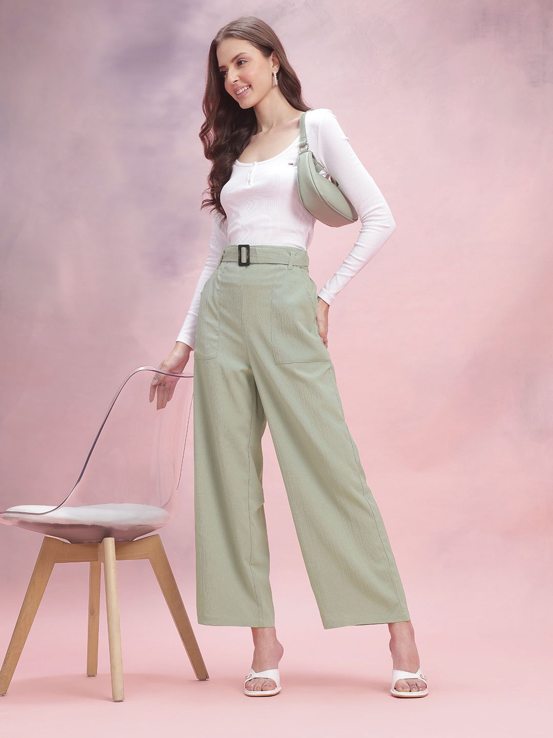 DressBerry Women Belted Straight Fit Trousers