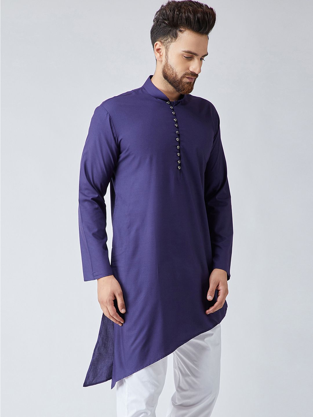 SOJANYA Lelaki Navy Blue Solid Asymmetric Straight Kurta