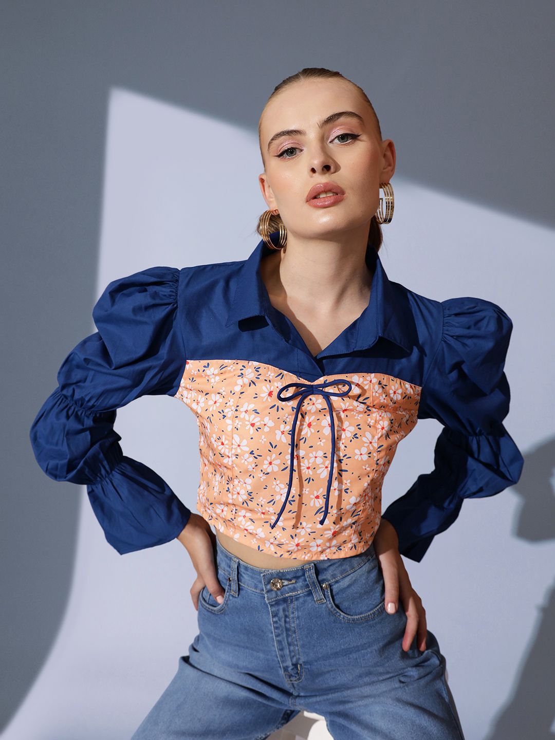 STREET 9 Shirt Collar Floral Printed Crepe Crop Top