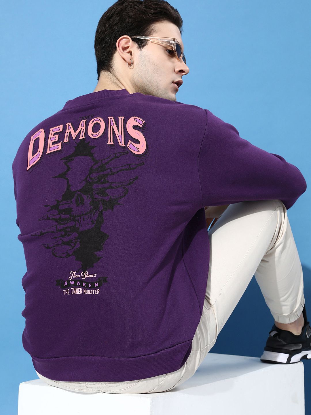Difference of Opinion Men Typographic Printed Oversized Fleece Sweatshirt