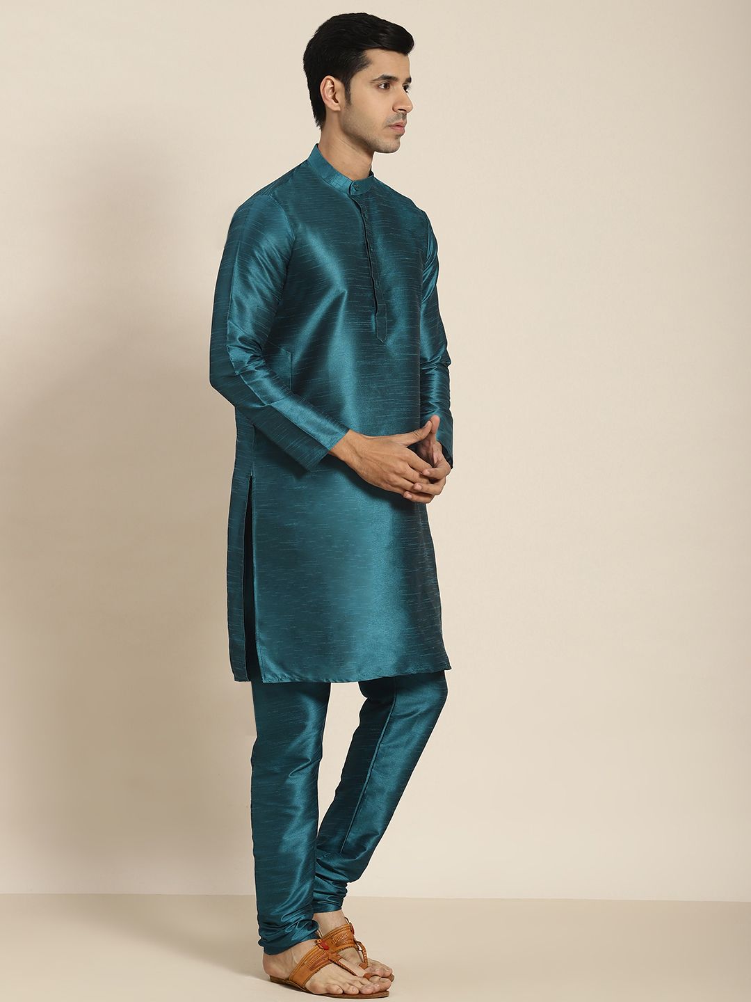 SOJANYA Men Teal Mirror Work Kurta with Churidar