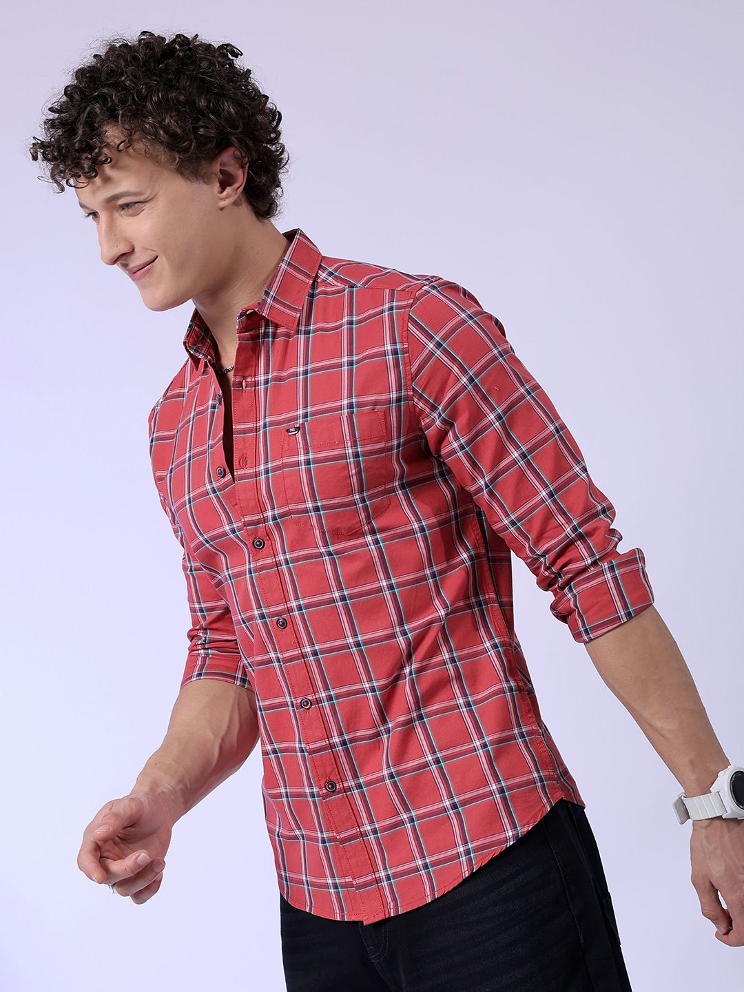 The Indian Garage Co Red Slim Fit Tartan Checked Pure Cotton Casual Shirt