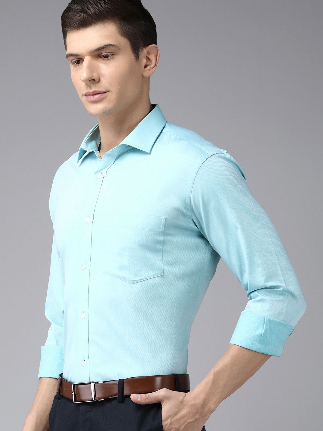 Park Avenue Men Turquoise Blue Solid Slim Fit Formal Shirt