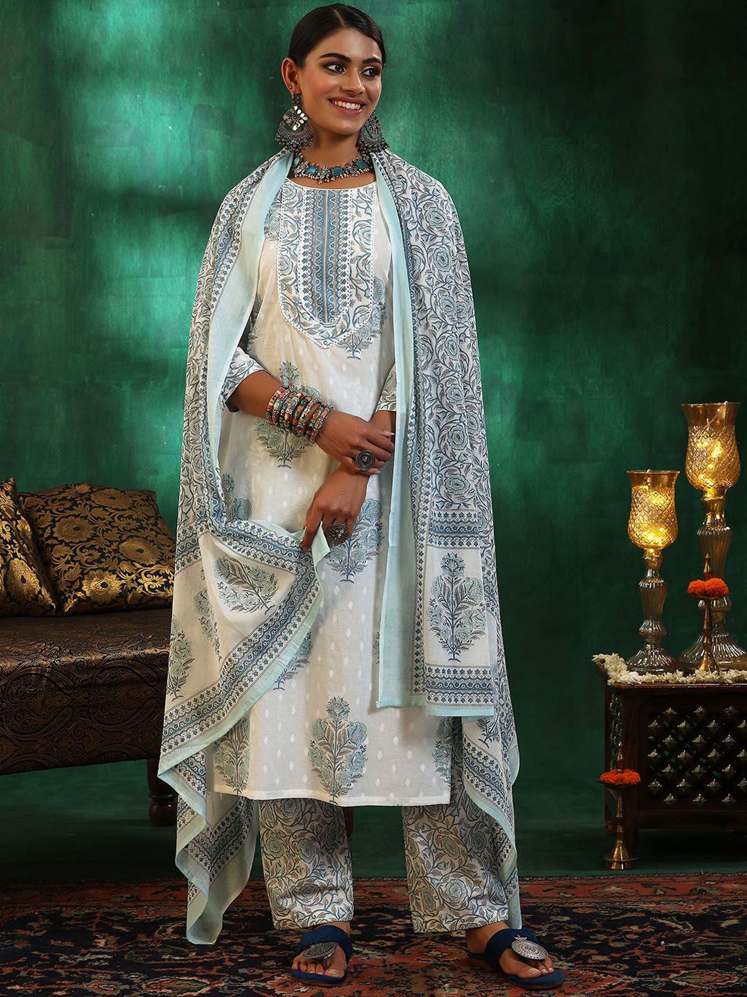 Libas Floral Printed Gotta Patti Pure Cotton Straight Kurta with Trousers & Dupatta