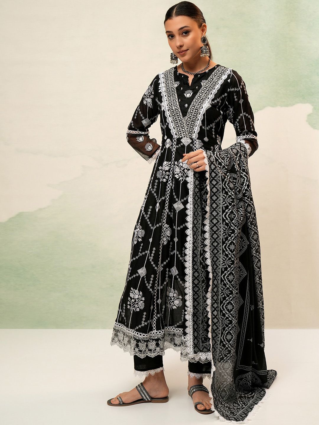 Vishudh Women Ethnic Motifs Embroidered Regular Pure Cotton Kurta with Trousers & Dupatta