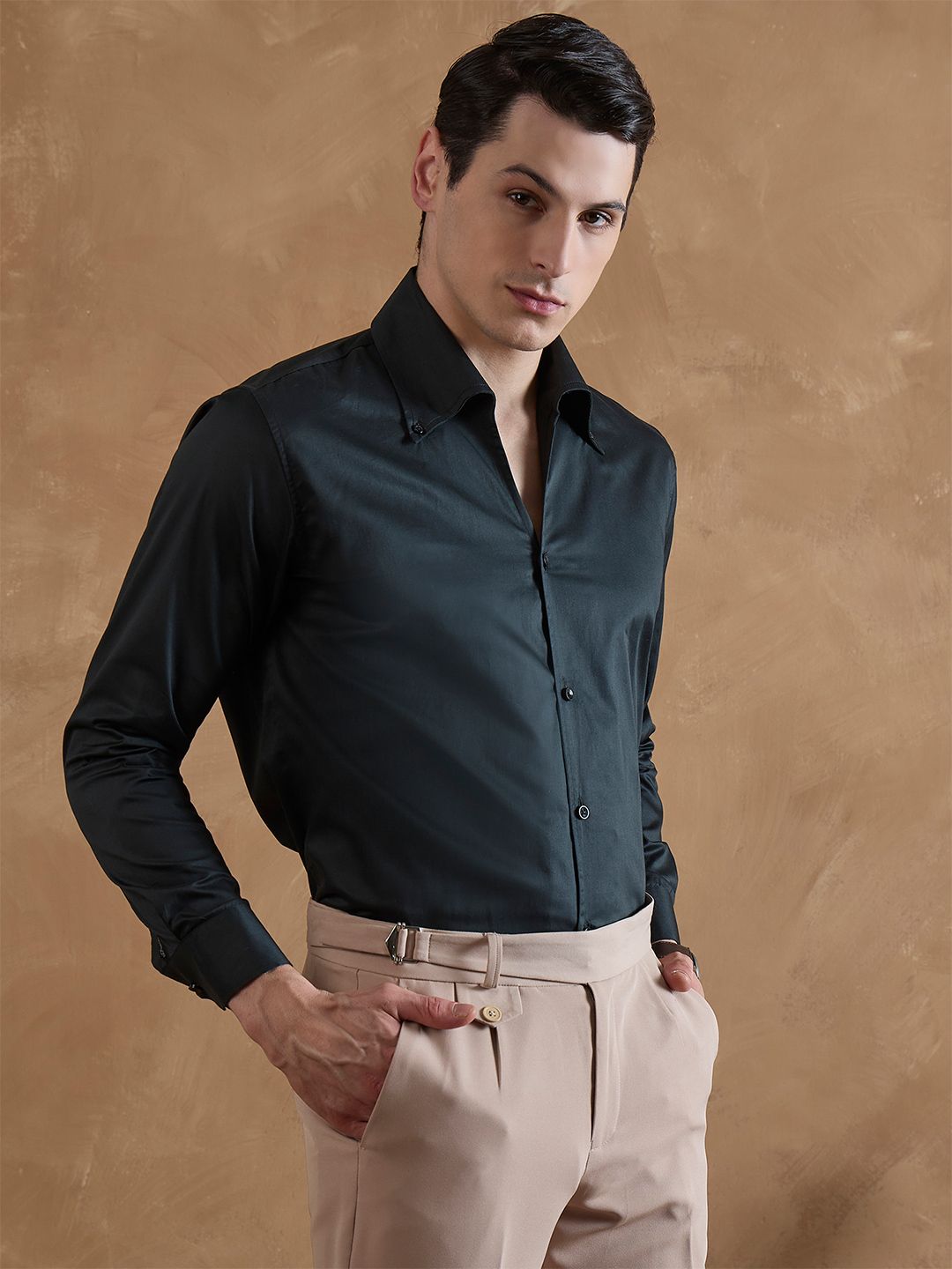 DENNISON Men Bottle Green Cooper Collar Formal Shirt