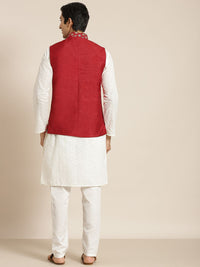 SOJANYA Men Cream-Coloured Chikankari Pure Cotton Kurta with Churidar & Nehru Jacket