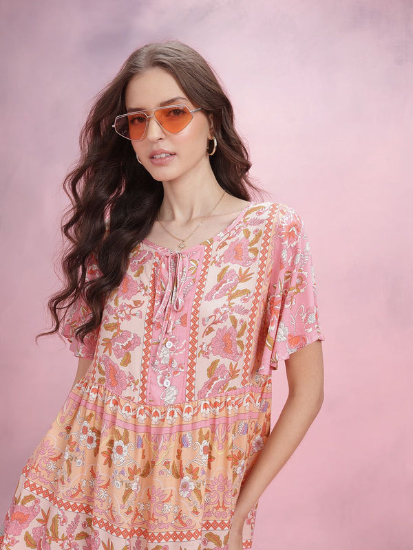 DressBerry Print Tie-Up Neck Ethnic Print A-Line Top