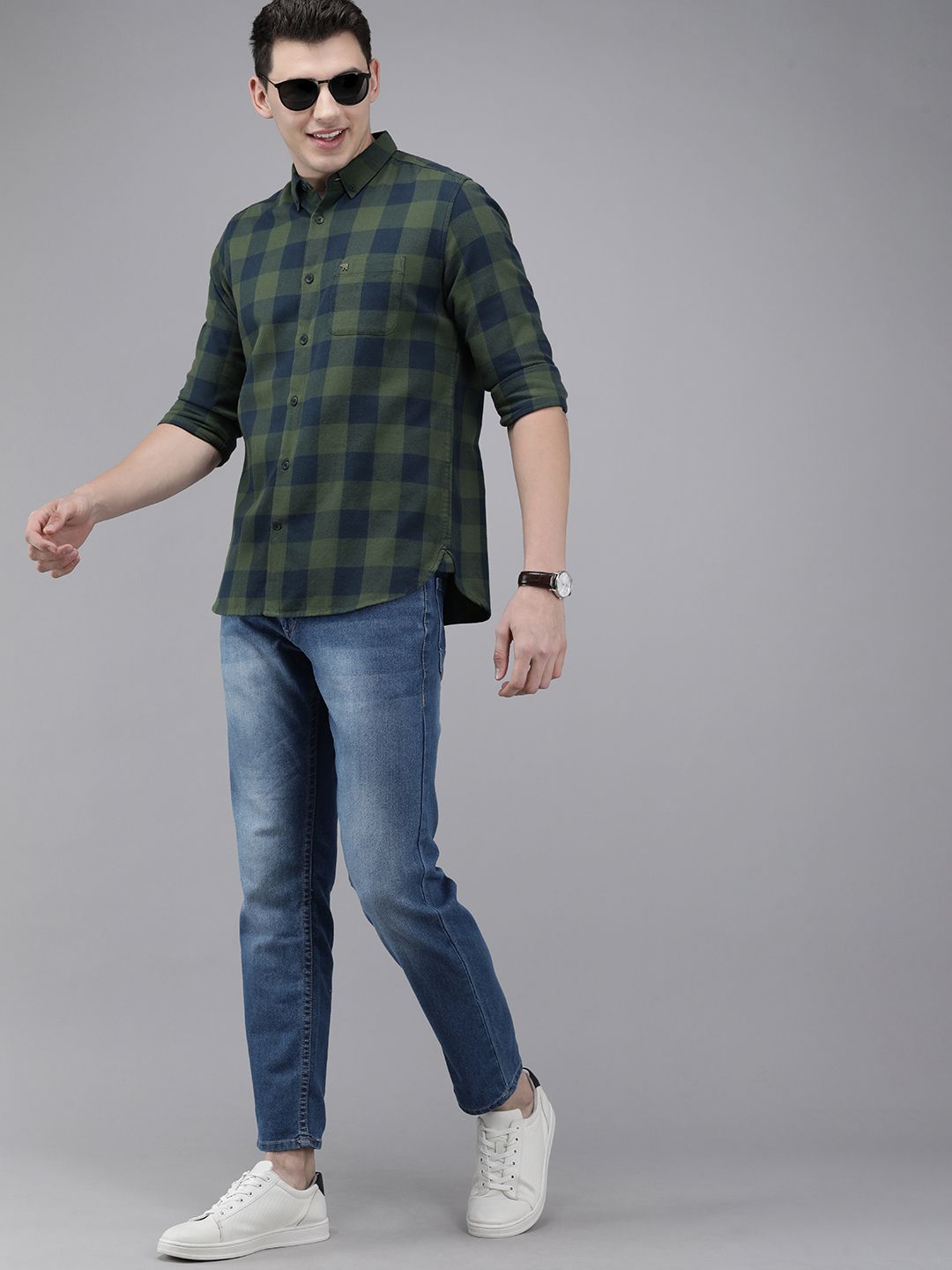 THE BEAR HOUSE Men Olive Green & Navy Blue Pure Cotton Slim Fit Checked Flannel Shirt