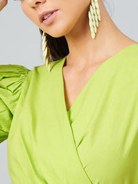 Athena Lime Green Knotted Wrap Top With Puffed Sleeves