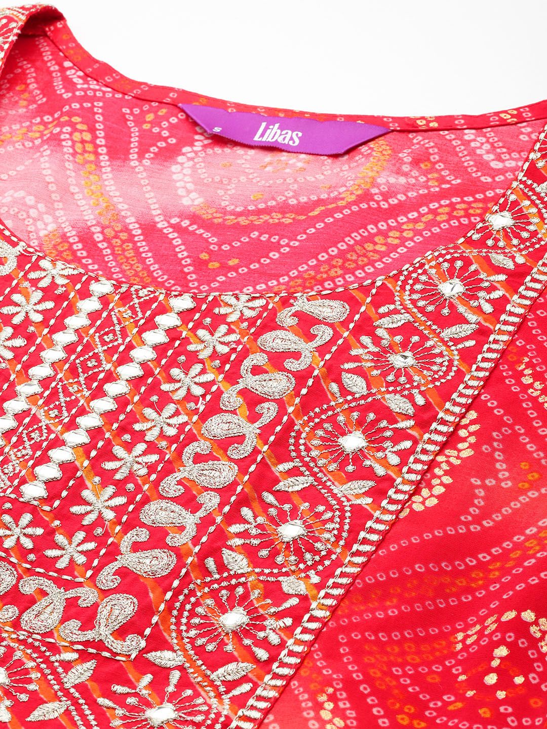 Libas Bandhani Printed Pleated Mirror Work Kurta with Trousers & Dupatta