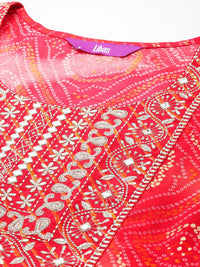 Libas Bandhani Printed Pleated Mirror Work Kurta with Trousers & Dupatta