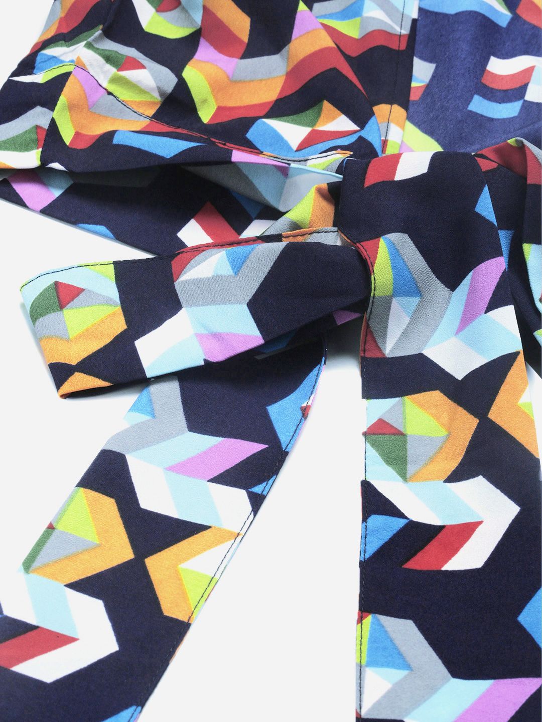 Berrylush Multicoloured Geometric Printed Puff Sleeves Styled Back Crop Top