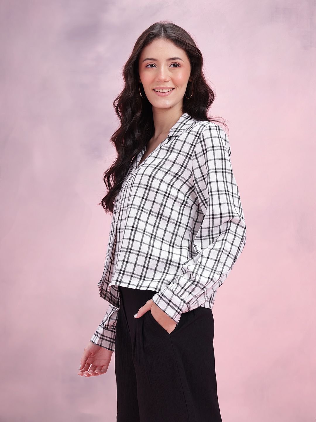 DressBerry Lapel Collar Tartan Checks Casual Shirt