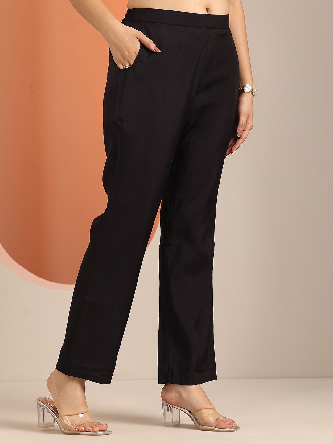 Libas Womens Black Printed Cotton Anarkali Kurta With Churidar & Dupatta