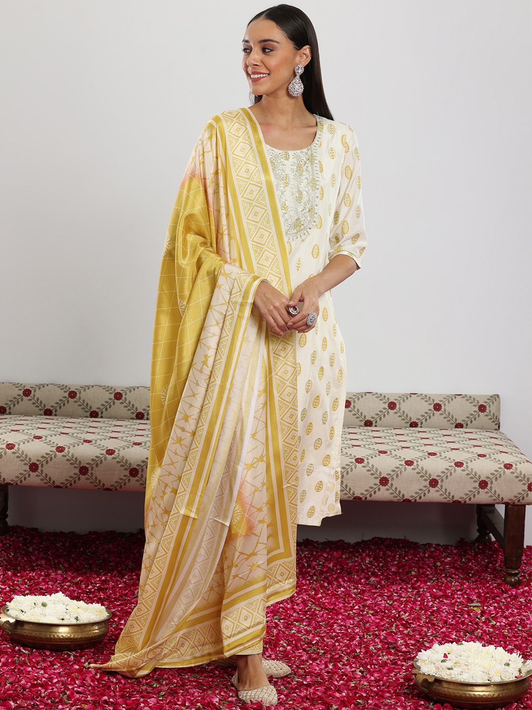 Libas Floral Printed Regular Sequinned Kurta with Palazzo & Dupatta