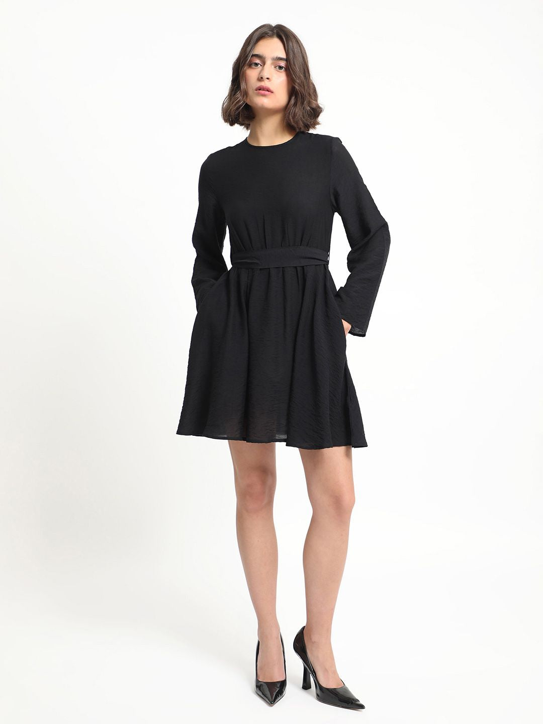 RAREISM Round Neck Flared Sleeves Gathered Fit & Flare Dress