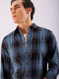 The Indian Garage Co Men Black & Blue Checked Pure Cotton Casual Shirt