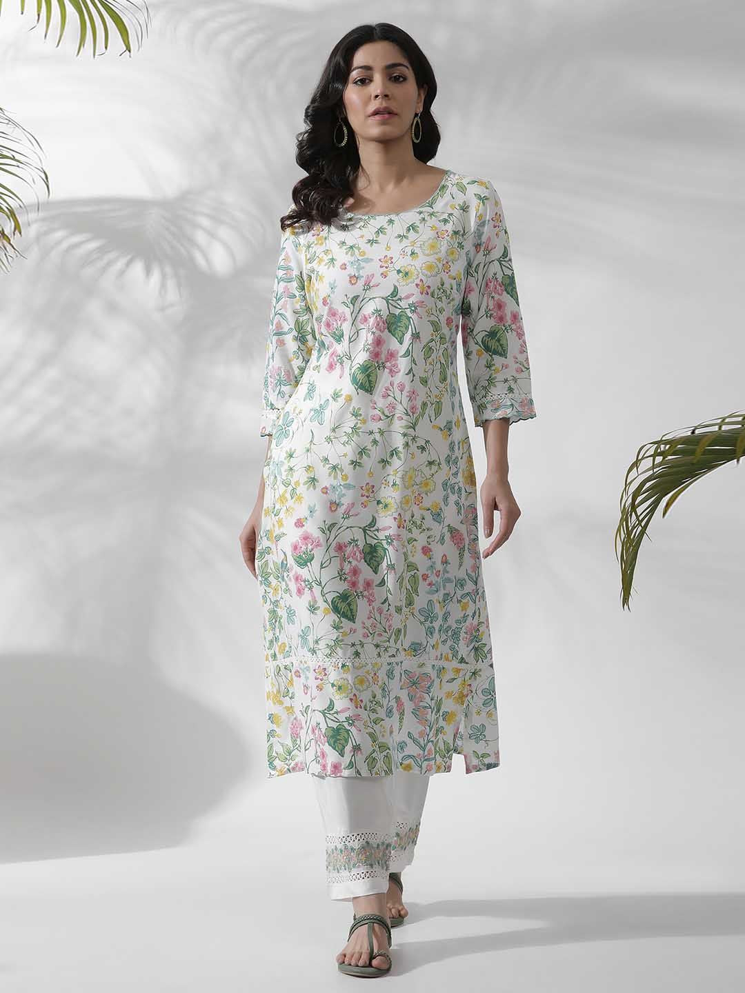 W White Floral Printed Straight Kurta