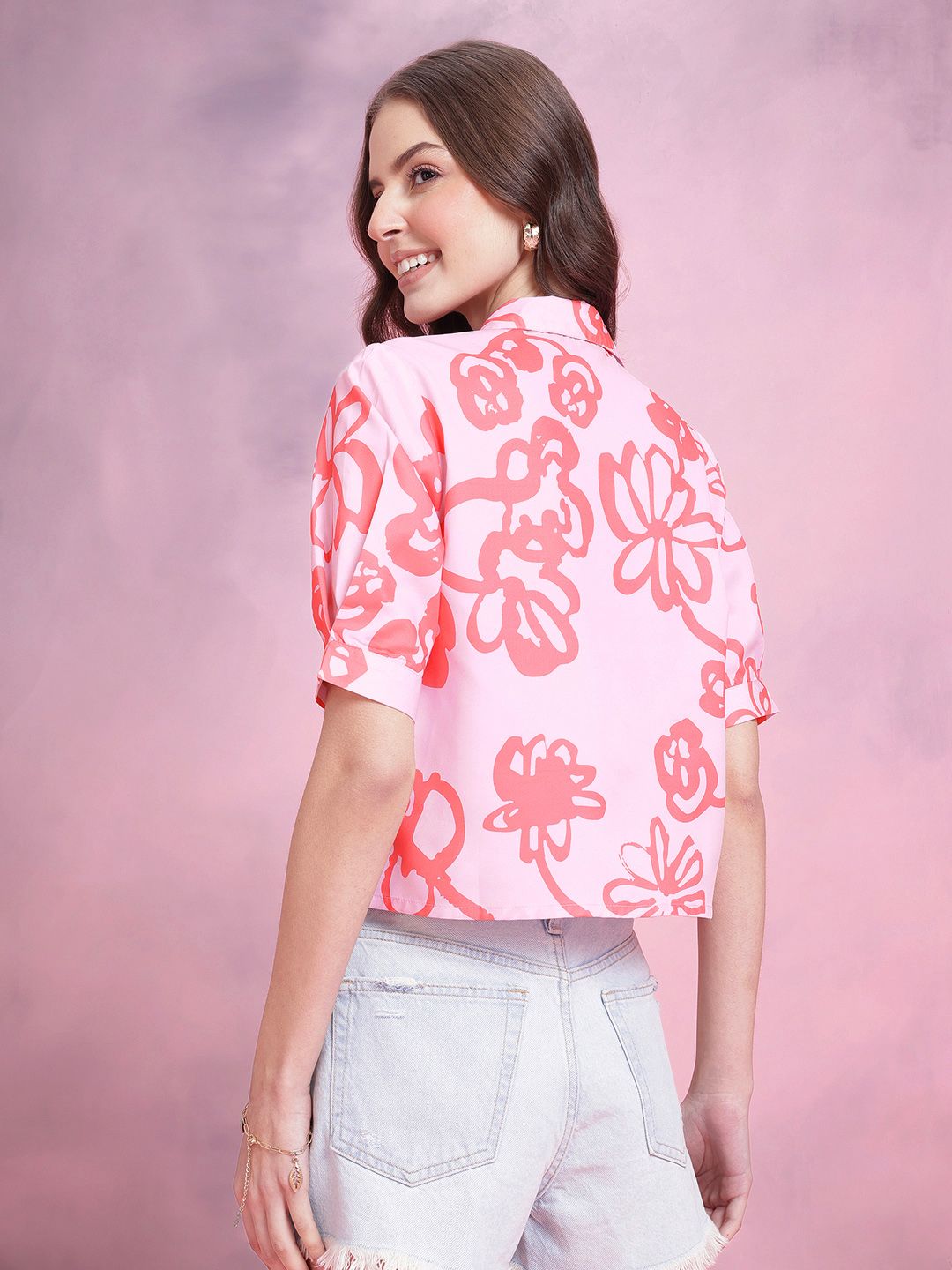 DressBerry Abstract Print Puff Sleeves Shirt Style Top
