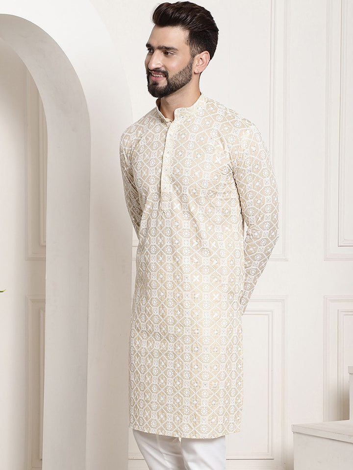 SOJANYA Men Beige Floral Mirror Work Kurta