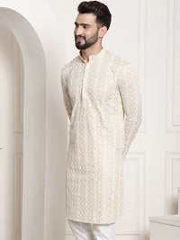 SOJANYA Men Beige Floral Mirror Work Kurta