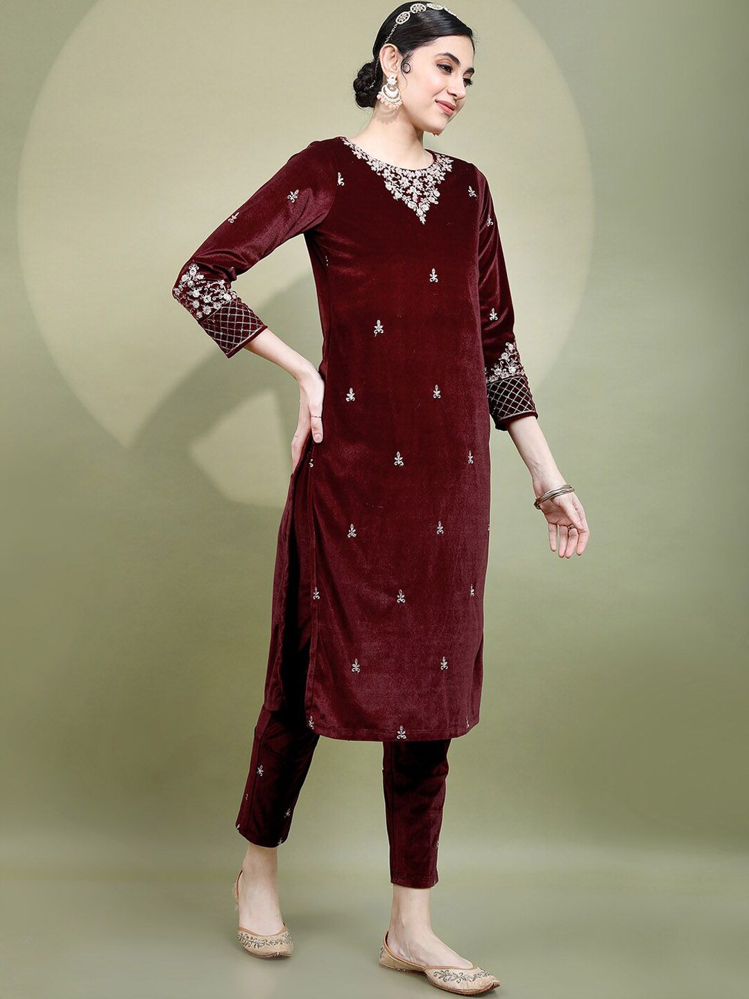 Vishudh Women Maroon Embroidered Knited Velvet Kurta & Trousers with Dupatta