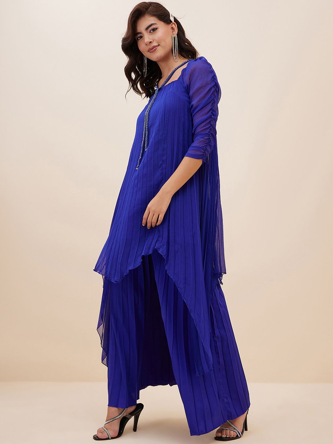 Antheaa Square Neck Puffed Sleeves Pleated A-Line Top With Palazzos