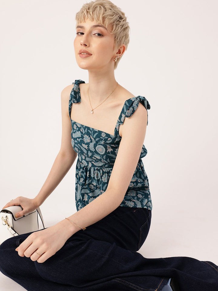 DressBerry Fetish Glam Floral Printed Tie-Up Straps Gathers A-Line Top