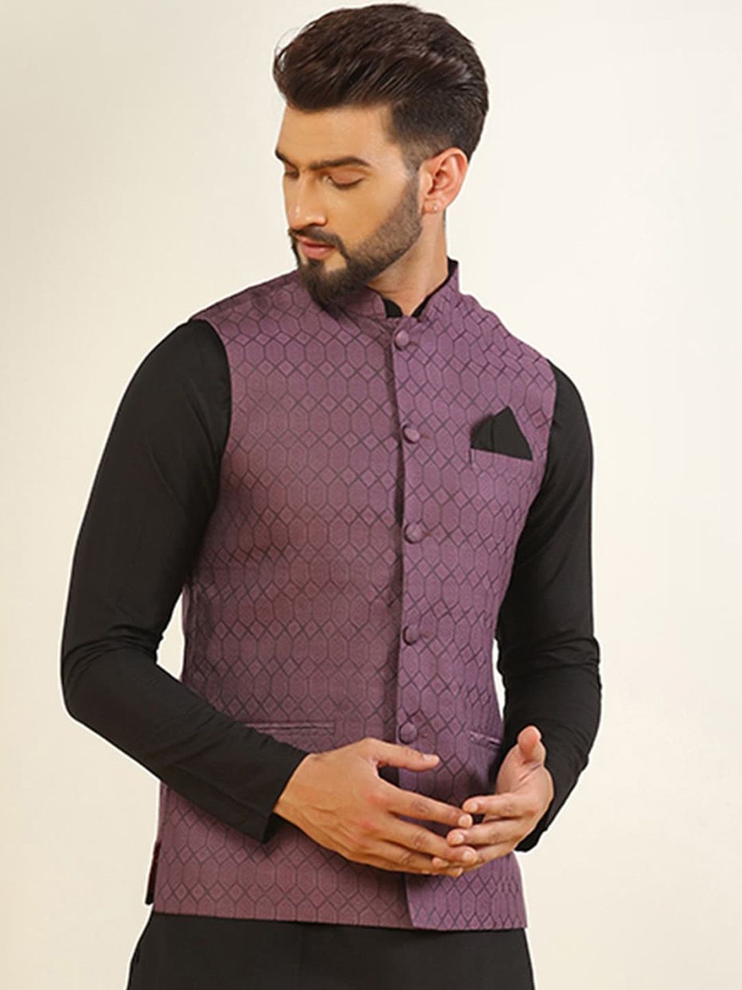 KISAH Men Woven Jacquard Zari  Regular Fit Nehru Jacket