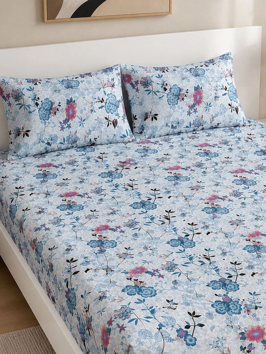 KLOTTHE Blue Floral 300 TC King Bedsheet with 2 Pillow Covers