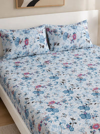 KLOTTHE Blue Floral 300 TC King Bedsheet with 2 Pillow Covers