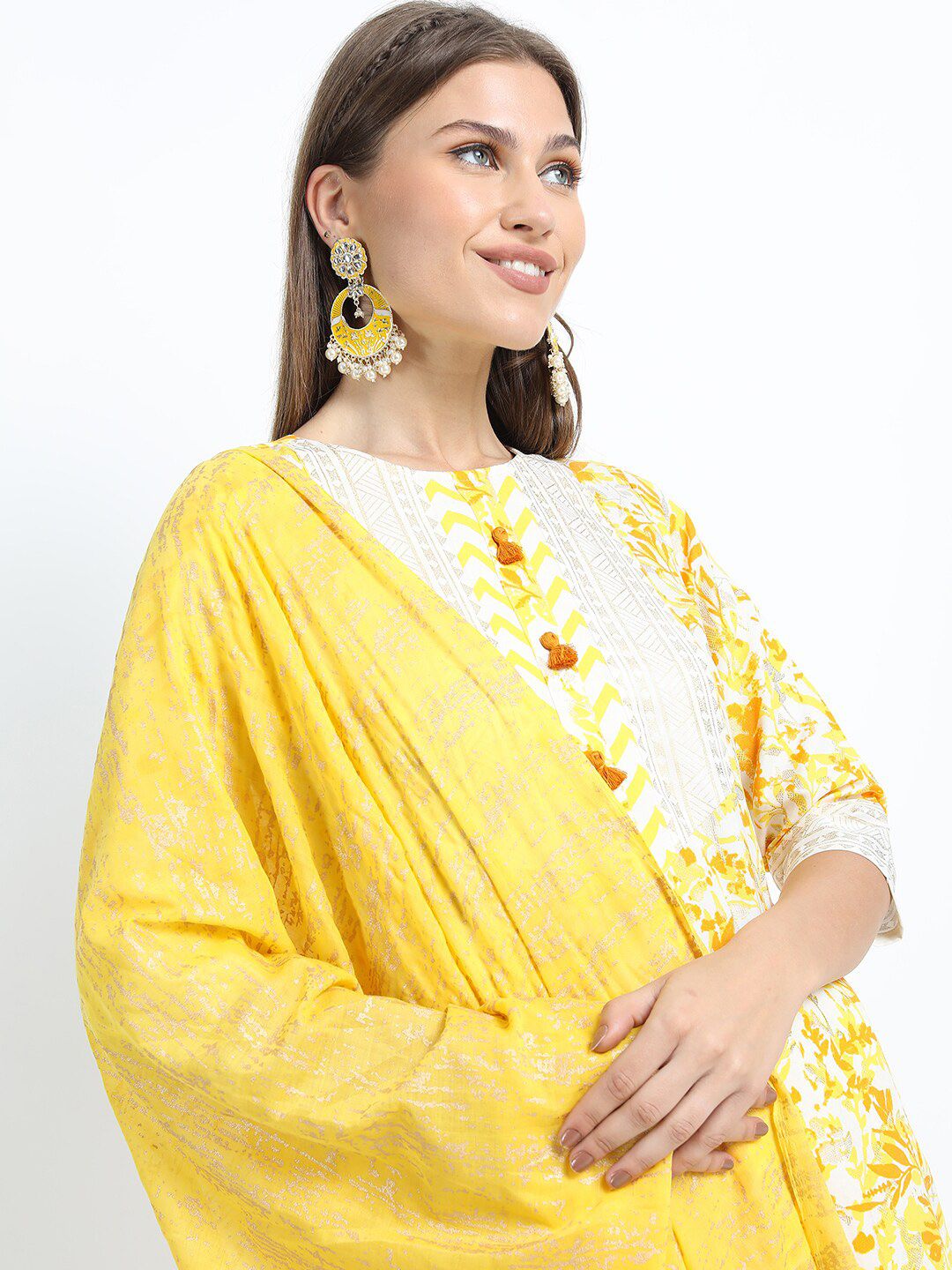 Vishudh Women Mustard Yellow Printed Kurta with Trousers & With Dupatta