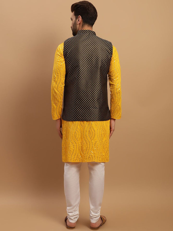 SOJANYA Embeoidered Sequinned Pure Cotton Kurta with Churidar & Woven Design Nehru Jacket