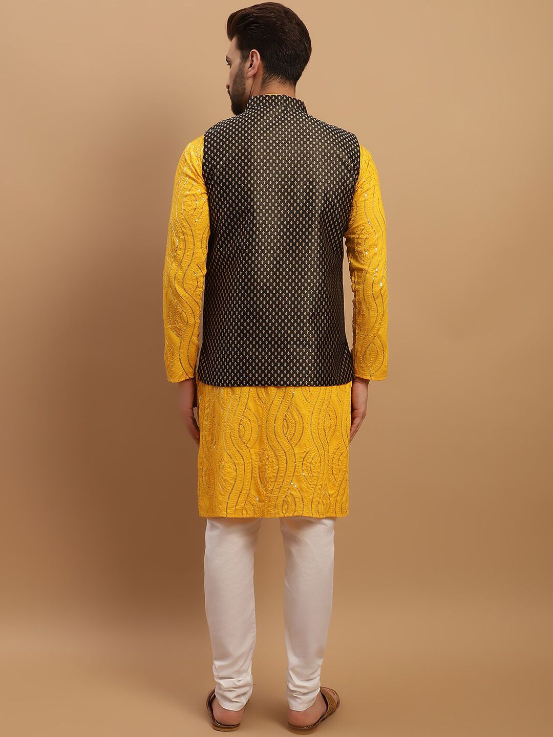 SOJANYA Embeoidered Sequinned Pure Cotton Kurta with Churidar & Woven Design Nehru Jacket