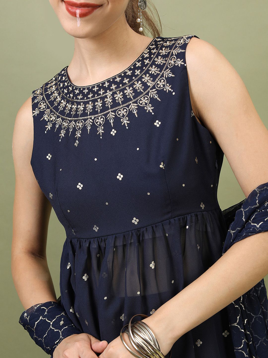 Vishudh Women Navy Blue Ethnic Motifs Embroidered Empire Kurti with Palazzos & With Dupatta