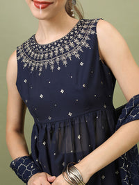 Vishudh Women Navy Blue Ethnic Motifs Embroidered Empire Kurti with Palazzos & With Dupatta