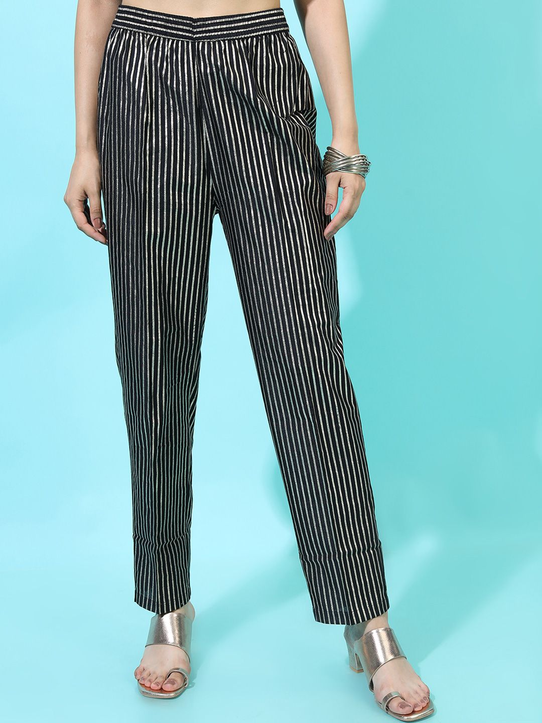 Vishudh  Women Black Striped Casual Trouser