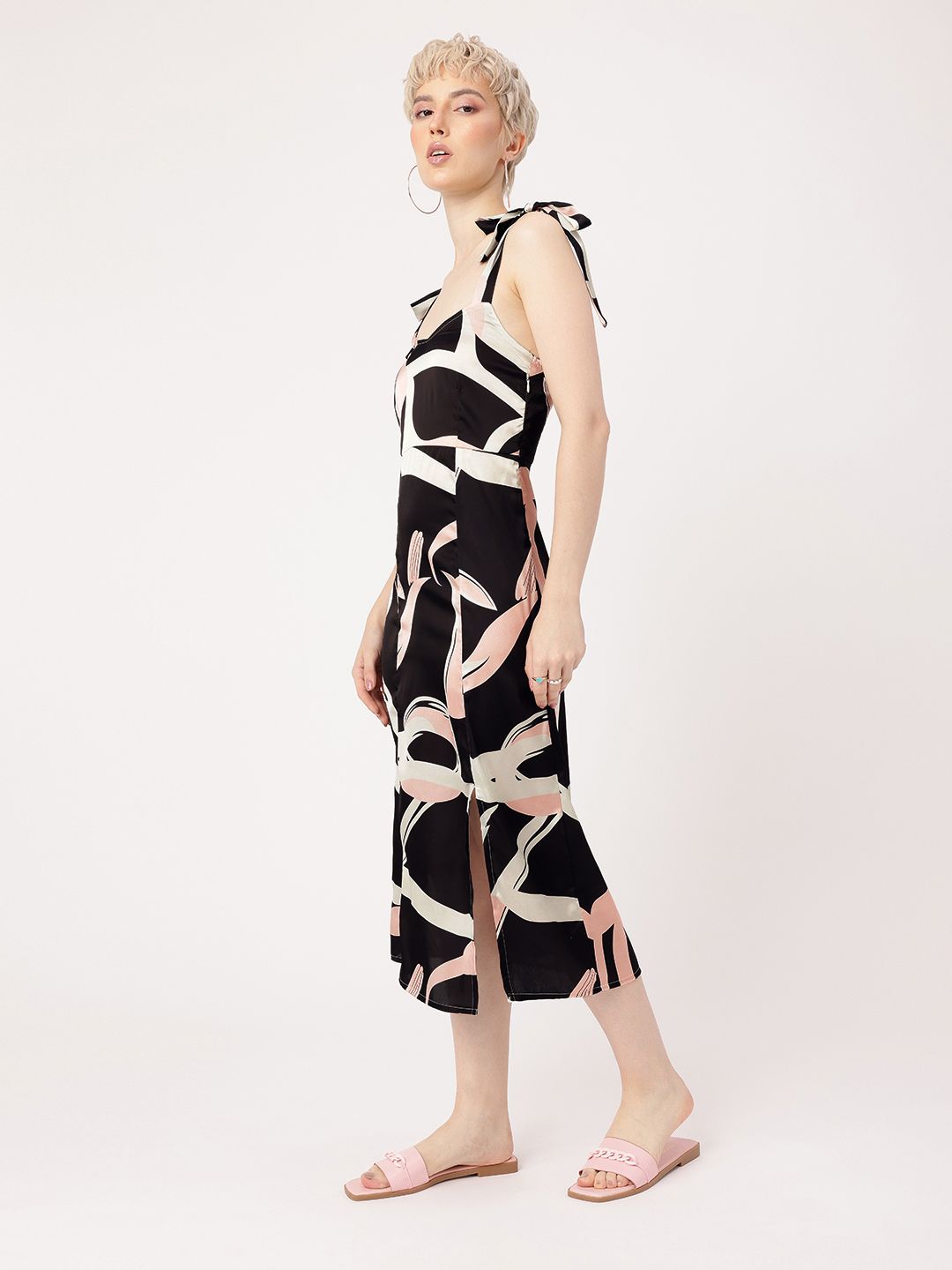 DressBerry Playful Chic Satin Finish Printed Side Slit A-Line Midi Dress