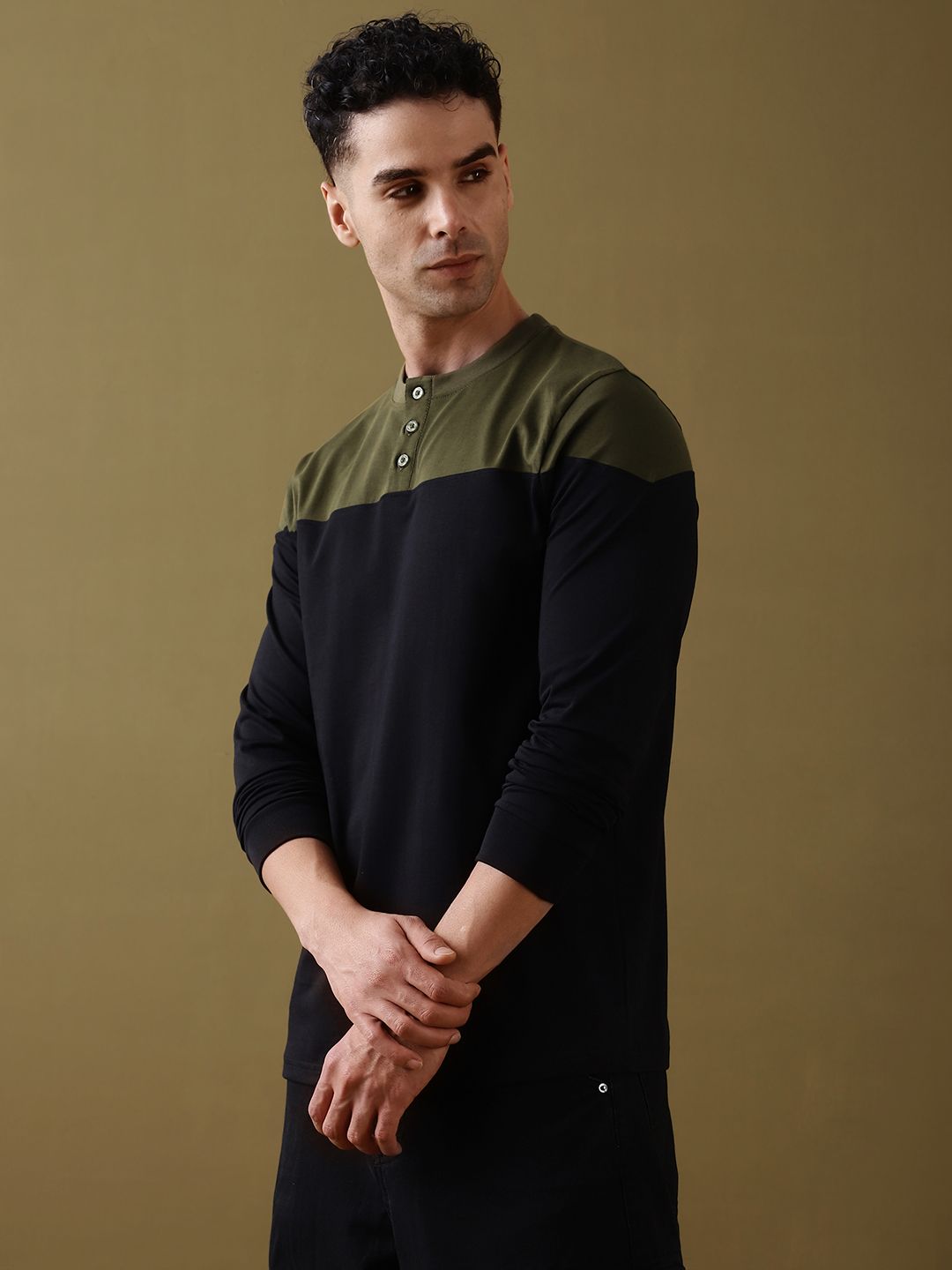 DILLINGER Men Colourblocked Super Combed Cotton Henley T-Shirt