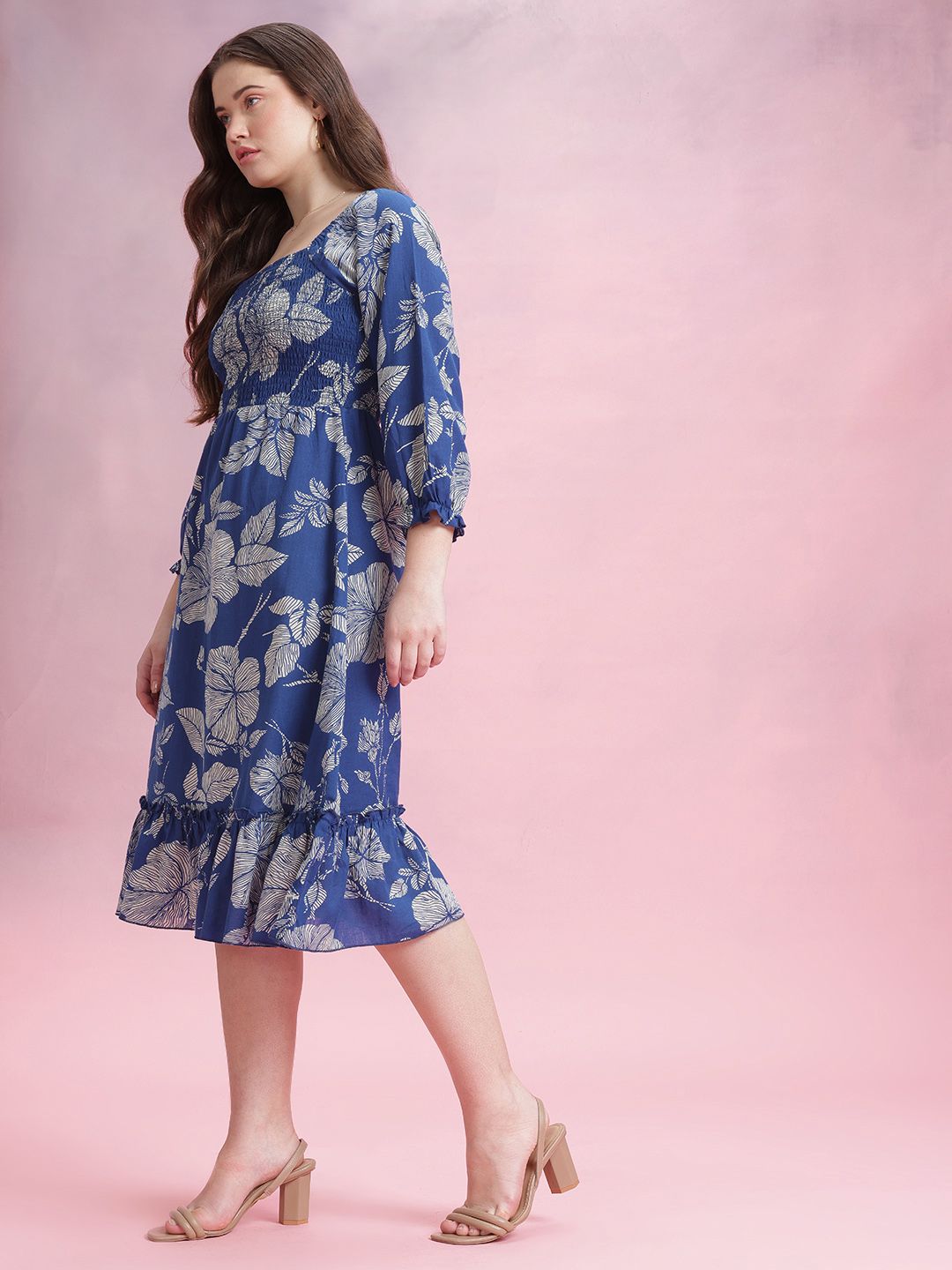 DressBerry Floral Print Gathered Detail Smocked Effect Cotton-Linen Midi A-Line Dress
