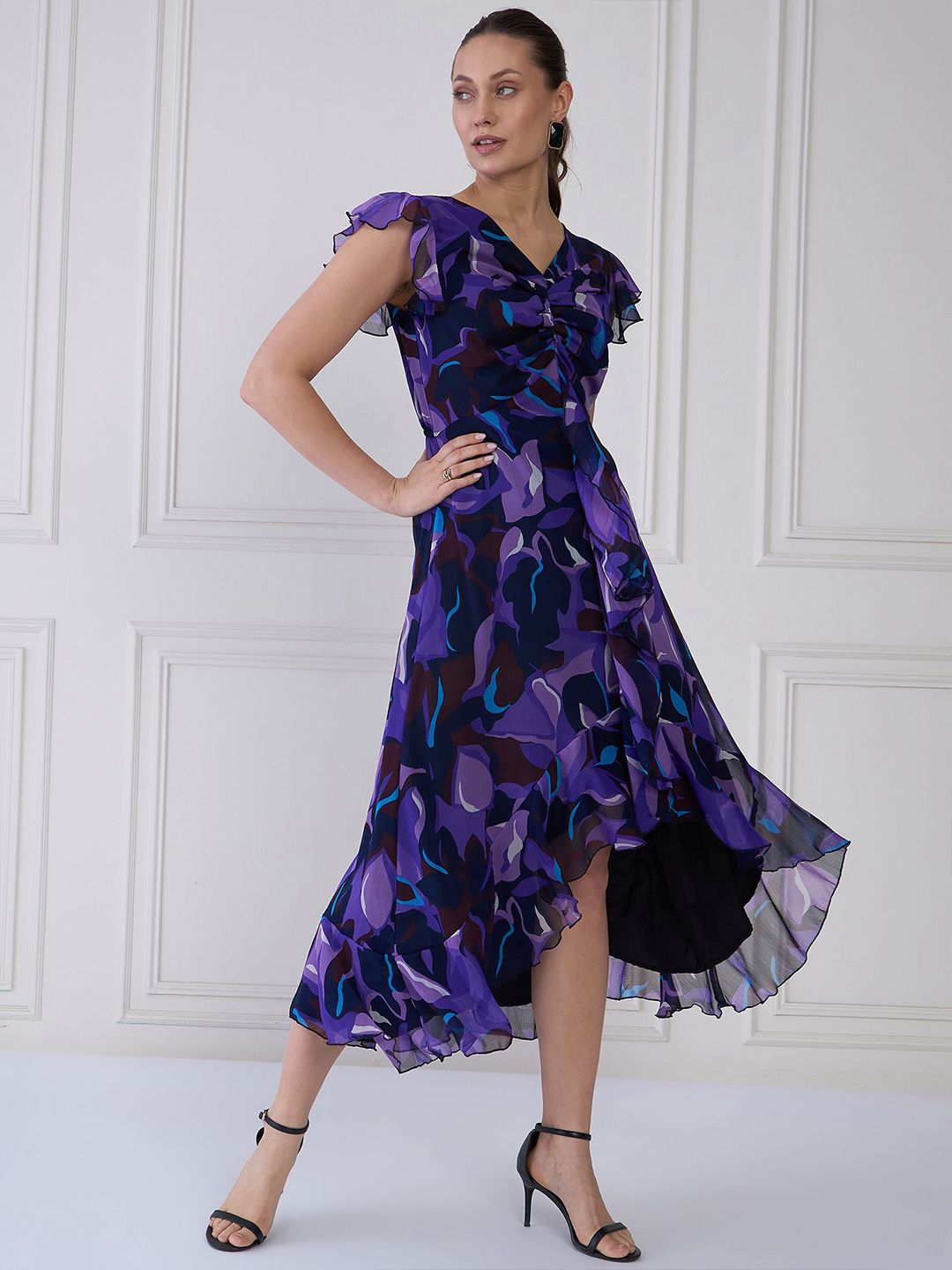 Antheaa Women Floral Print Flutter Sleeve Fit & Flare Midi Dress