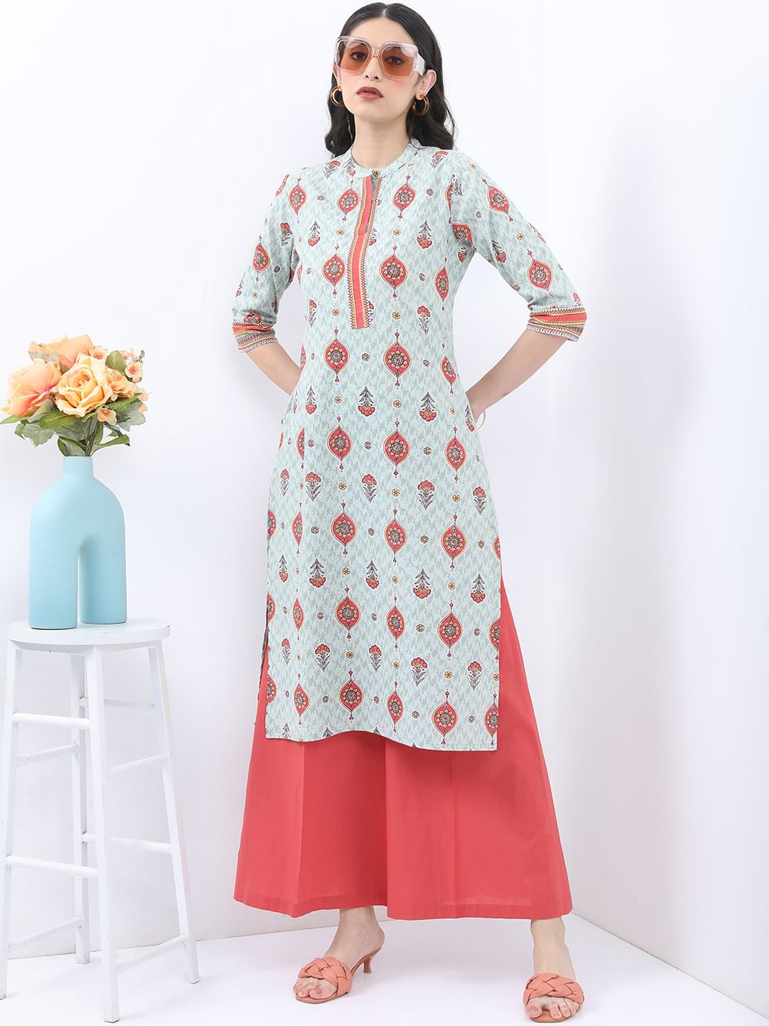 Vishudh Ethnic Motif Printed Band Collar Pure Cotton Kurta