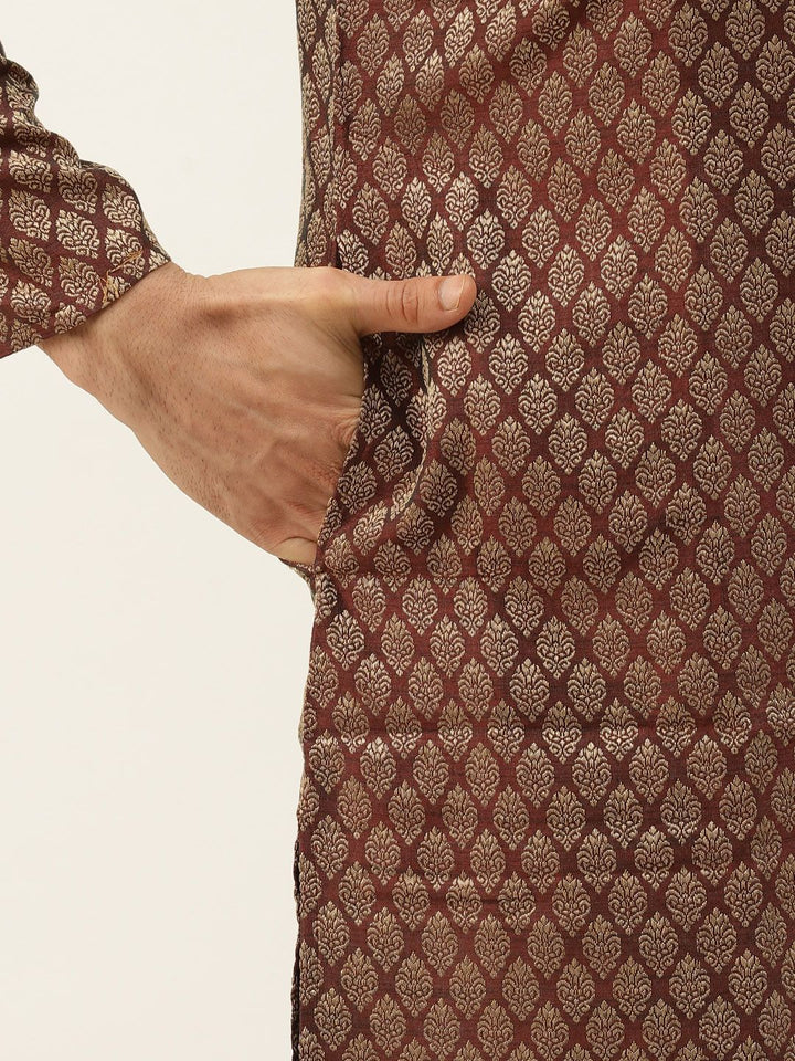 SOJANYA Men Maroon Woven Design Kurta with Churidar & Nehru Jacket