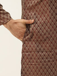 SOJANYA Men Maroon Woven Design Kurta with Churidar & Nehru Jacket