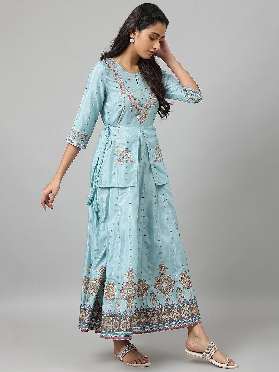 W Blue Ethnic Motifs Keyhole Neck Ethnic Maxi Dress