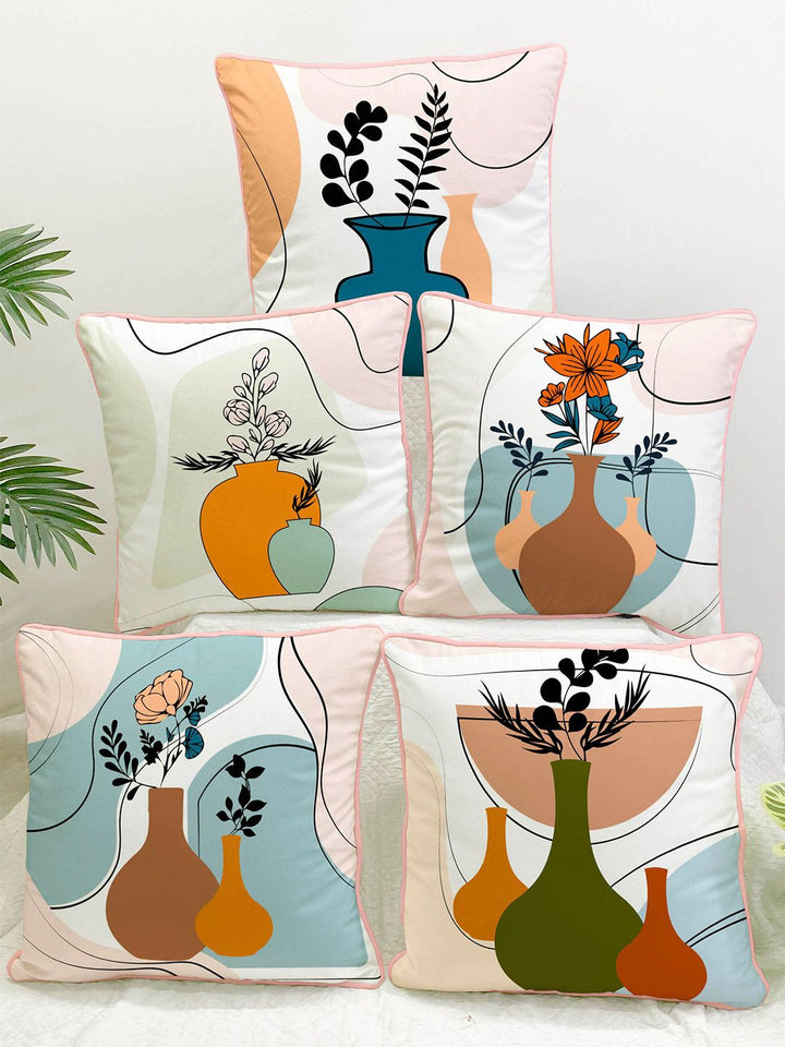 STITCHNEST Set of 5 White & Peach Floral 18'' x 18'' Cushion Cover