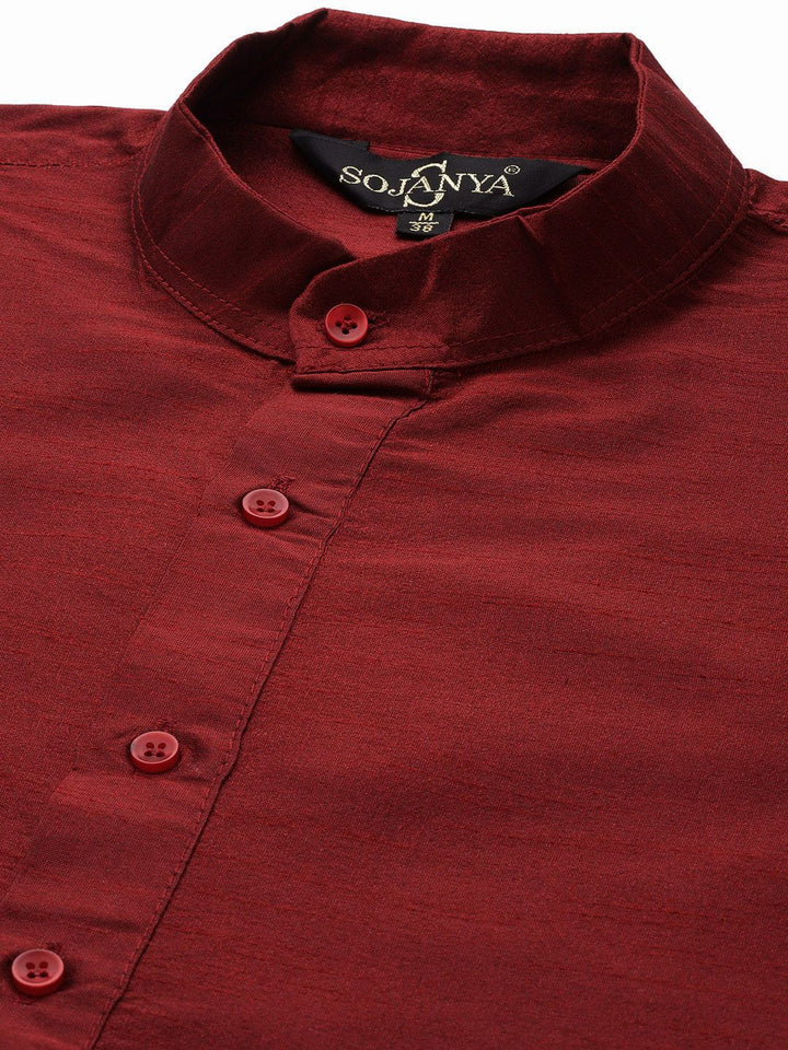 SOJANYA Men Maroon Embroidered Mirror Work Kurta with Churidar