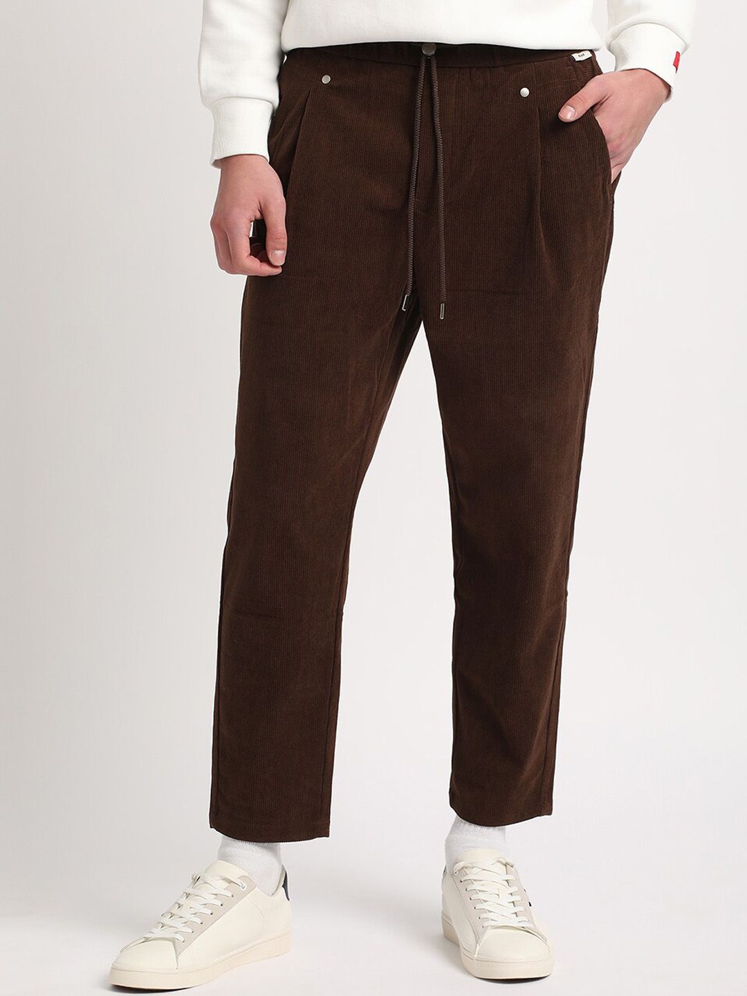 THE BEAR HOUSE Men Relaxed Loose Fit Corduroy Cotton Pleated Regular Trousers